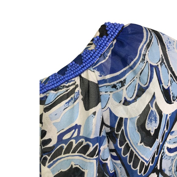 Hale Bob Women's Silk Beaded Tunic Top White & Blue Persian Floral Print Sheer S - Picture 6 of 11